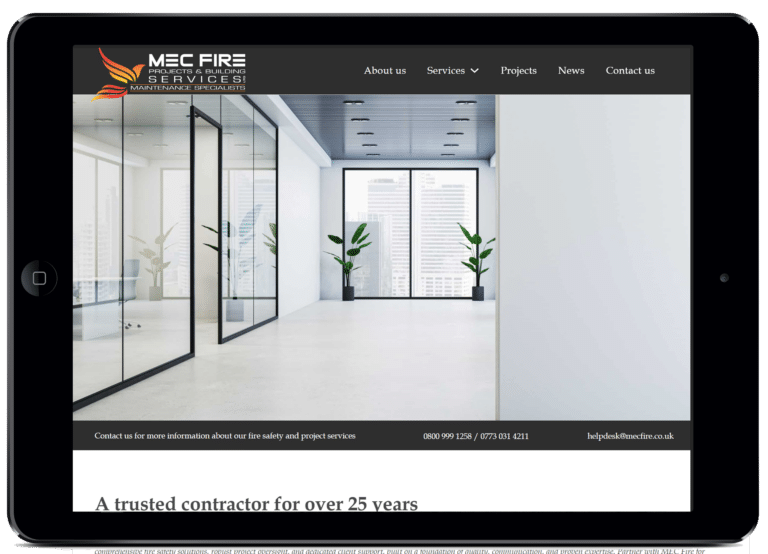 MEC Fire Project and Building Services Website on a Tablet