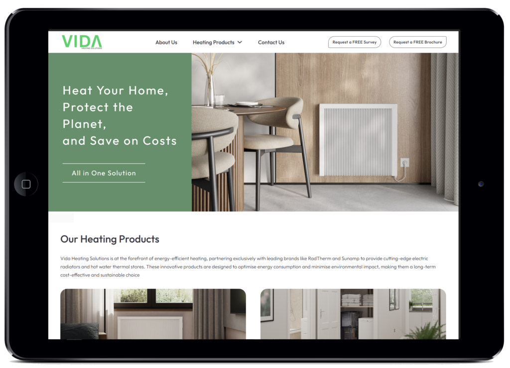 Vida Heating Solutions Website on a Tablet